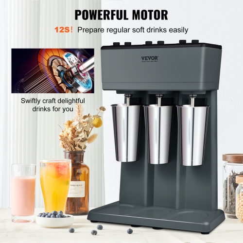 VEVOR 375W Milkshake Maker, 3 Electric Milkshake Machine, Triple Heads Drink Mixer Blender Machine, 3-Speed Milkshake Mixer with 3 x 820 ml Stainless