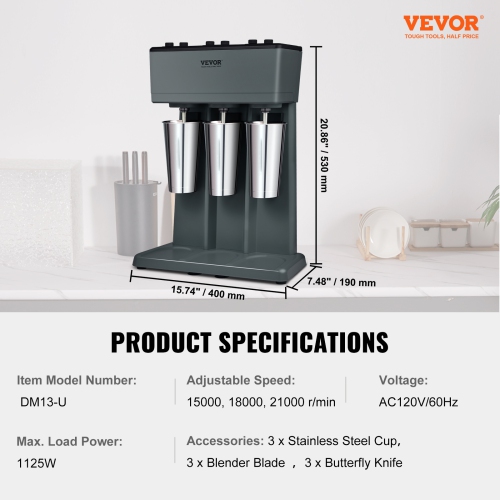 VEVOR 375W Milkshake Maker, 3 Electric Milkshake Machine, Triple Heads Drink Mixer Blender Machine, 3-Speed Milkshake Mixer with 3 x 820 ml Stainless