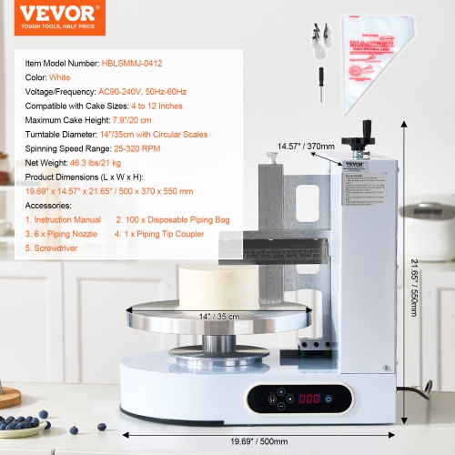 VEVOR 25-320RPM Cake Decorating Machine, Cream Spreading Coating Smearing Machine, Low Noise Cake Frosting Machine, Turntable with Adjustable