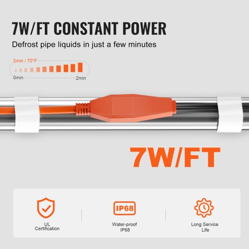 VEVOR 12FT 7W/FT Pipe Heating Cable, Heat Tape for Pipes with Built-in Thermostat, Water Pipe Heat Cable Protects PVC Hose, Metal and Plastic Pipe