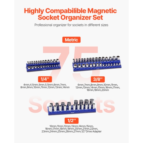 VEVOR Magnetic Socket Organizer Set, 3PCS Magnetic Socket Holder, 1/4'', 3/8'' & 1/2'' Metric Socket Trays with Clear Labels, Hold up to 75PCS