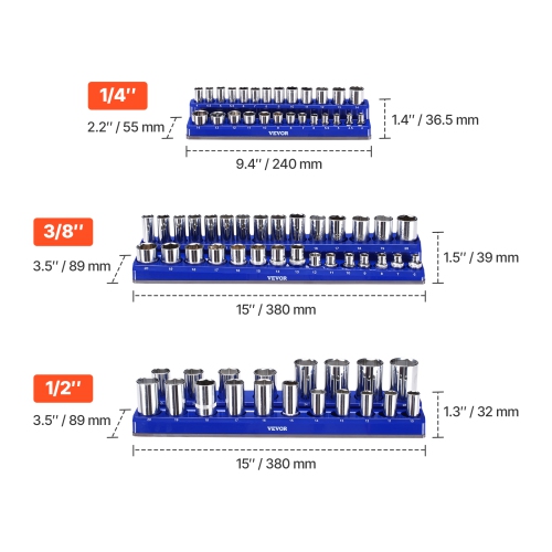 VEVOR Magnetic Socket Organizer Set, 3PCS Magnetic Socket Holder, 1/4'', 3/8'' & 1/2'' Metric Socket Trays with Clear Labels, Hold up to 75PCS