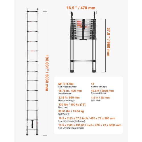 VEVOR 16.5ft Telescoping Ladder, Stainless Steel Lightweight Extension Ladder, Multi-Button Retraction Collapsible Ladders, 330LBS Capacity &