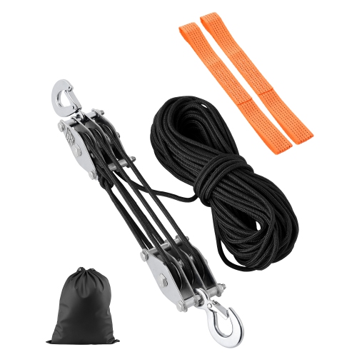 VEVOR  4400 Lbs Breaking Strength 100 Ft Rope Pulley Hoist, 5:1 Lifting Power Heavy Duty Pulley System \w 2PCs Soft Loops, Metal Wheels Bearing