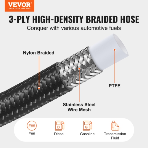 VEVOR 25 FT 6AN Fuel Line Kit,Fuel Hose Kit, 5/16" Nylon Stainless Steel Braided PTFE Fuel Line Kit, E85/Diesel Hose End Fitting Kit, with 15 PCS