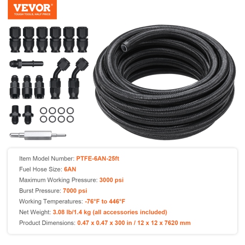 VEVOR 25 FT 6AN Fuel Line Kit,Fuel Hose Kit, 5/16" Nylon Stainless Steel Braided PTFE Fuel Line Kit, E85/Diesel Hose End Fitting Kit, with 15 PCS