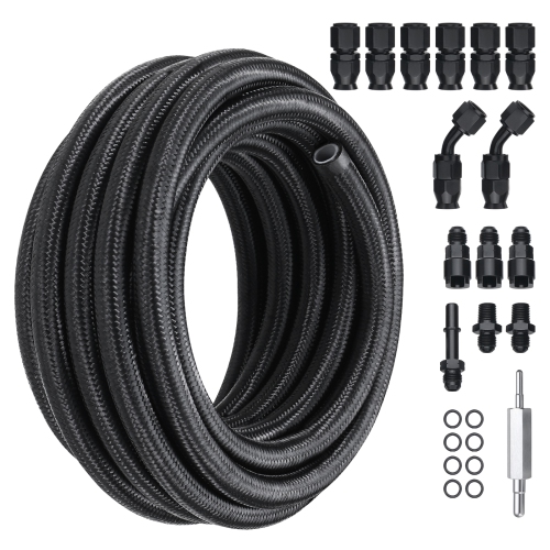 VEVOR 25 FT 6AN Fuel Line Kit,Fuel Hose Kit, 5/16" Nylon Stainless Steel Braided PTFE Fuel Line Kit, E85/Diesel Hose End Fitting Kit, with 15 PCS