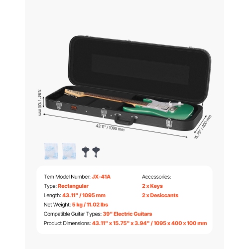 VEVOR 43.11 in Electric Guitar Hard Case,Rectangular Guitar Hard Case, With Lock Latch Keys Handle,PVC Padding Soft Lining Water-Resistant