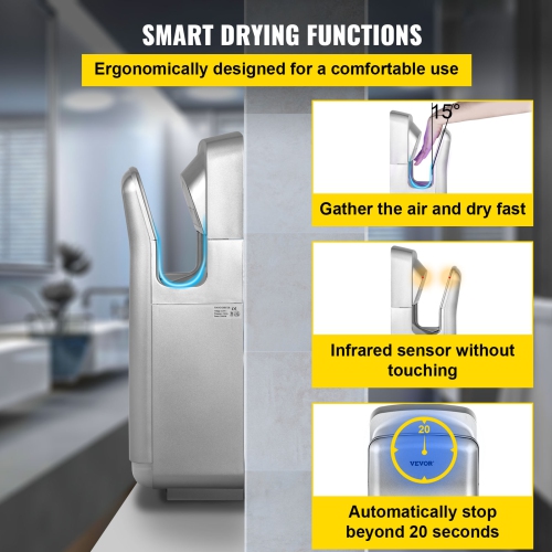VEVOR 1600W 110V Jet Hand Dryer, Premium Electric Commercial Blade Hand Dryer, ABS Air Dryer Hand with HEPA Filtration Wall Mount Hand Dryer,
