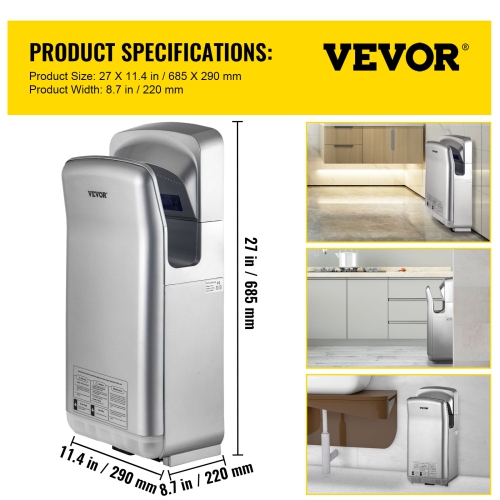 VEVOR 1600W 110V Jet Hand Dryer, Premium Electric Commercial Blade Hand Dryer, ABS Air Dryer Hand with HEPA Filtration Wall Mount Hand Dryer,