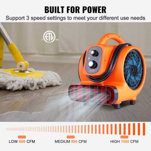 VEVOR 1/4 HP Floor Blower, 1000 CFM Air Mover for Drying and Cooling, Portable Carpet Dryer Fan with 4 Blowing Angles and Time Function, for