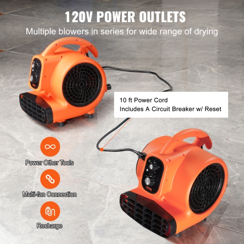 VEVOR 1/4 HP Floor Blower, 1000 CFM Air Mover for Drying and Cooling, Portable Carpet Dryer Fan with 4 Blowing Angles and Time Function, for