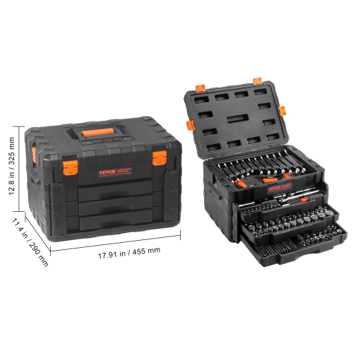 VEVOR 450 Pcs SAE Mechanics Tool Set and Socket Set, 1/4" 3/8" 1/2" Drive Deep and Standard Sockets, Metric Mechanic Tool Kit with Bits, Hex