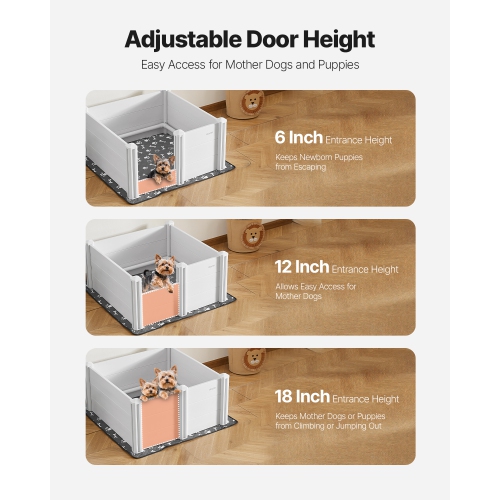 Boîte à enfiler de 38,6 x 38,6 x 18.1 po Dogs, parc pour chiots en plastique PVC avec porte à hauteur réglable et coussin lavable, stylo de jeu