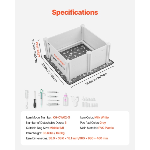 Boîte à enfiler de 38,6 x 38,6 x 18.1 po Dogs, parc pour chiots en plastique PVC avec porte à hauteur réglable et coussin lavable, stylo de jeu