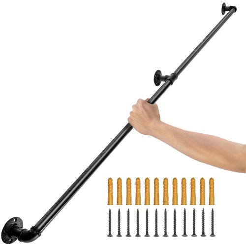 VEVOR Pipe Stair Handrail, 4FT Staircase Handrail, 440LBS Load Capacity Carbon Steel Pipe Handrail, Industrial Pipe Handrail with Wall Mount Support,