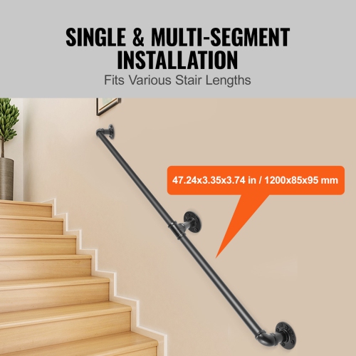 VEVOR Pipe Stair Handrail, 4FT Staircase Handrail, 440LBS Load Capacity Carbon Steel Pipe Handrail, Industrial Pipe Handrail with Wall Mount Support,