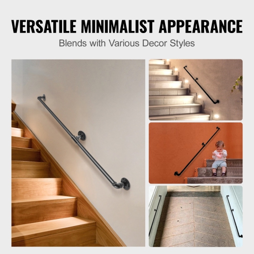 VEVOR Pipe Stair Handrail, 4FT Staircase Handrail, 440LBS Load Capacity Carbon Steel Pipe Handrail, Industrial Pipe Handrail with Wall Mount Support,