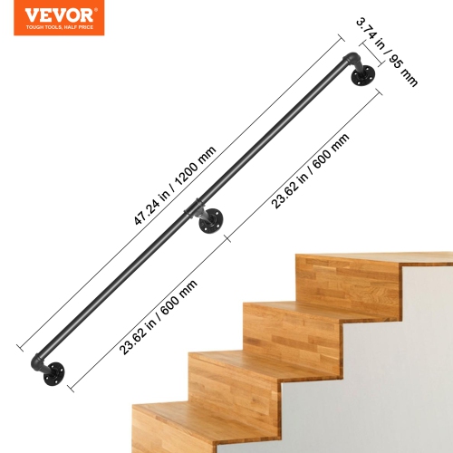 VEVOR Pipe Stair Handrail, 4FT Staircase Handrail, 440LBS Load Capacity Carbon Steel Pipe Handrail, Industrial Pipe Handrail with Wall Mount Support,