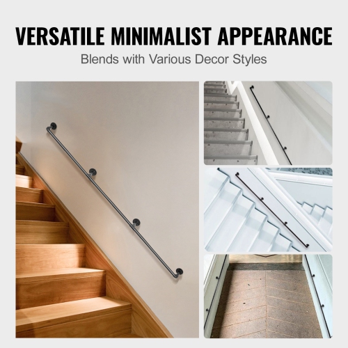VEVOR Pipe Stair Handrail, 8FT Staircase Handrail, 440LBS Load Capacity Carbon Steel Pipe Handrail, Industrial Pipe Handrail with Wall Mount Support,