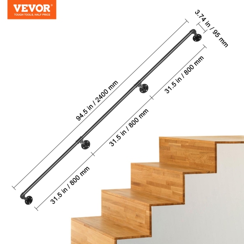 VEVOR Pipe Stair Handrail, 8FT Staircase Handrail, 440LBS Load Capacity Carbon Steel Pipe Handrail, Industrial Pipe Handrail with Wall Mount Support,