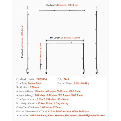 VEVOR 2 Packs Over The Table Rod Stand with Clamps, 13"-42" Tall & 28"-98" Length Adjustable, Table Arch Stand, Tabletop Balloon Arch Frame for