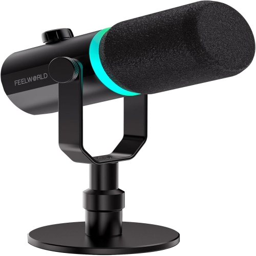 FEELWORLD Dynamic Microphone with Stand, RGB, Mute & Headphone Jack