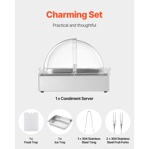 VEVOR Countertop Food Serving Display Container, 1 x 1/2 Pan Stainless Steel Food Serving Tray, Buffet Condiment Dispenser Display Rack with Clear