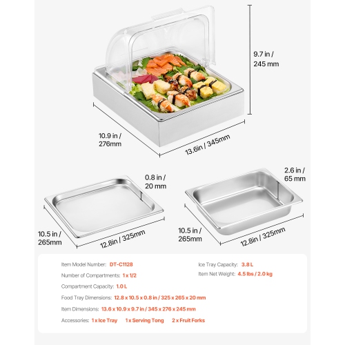 VEVOR Countertop Food Serving Display Container, 1 x 1/2 Pan Stainless Steel Food Serving Tray, Buffet Condiment Dispenser Display Rack with Clear