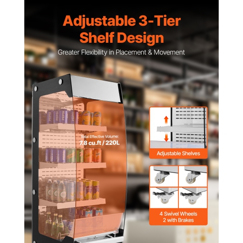 VEVOR 7.8cu.ft Open Air Merchandiser, 3-Tier Shelving Commercial Refrigerator, Grab and Go Display Cooler Refrigerator with Air Curtain, 4 Swivel