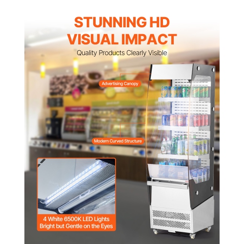 VEVOR 7.8cu.ft Open Air Merchandiser, 3-Tier Shelving Commercial Refrigerator, Grab and Go Display Cooler Refrigerator with Air Curtain, 4 Swivel