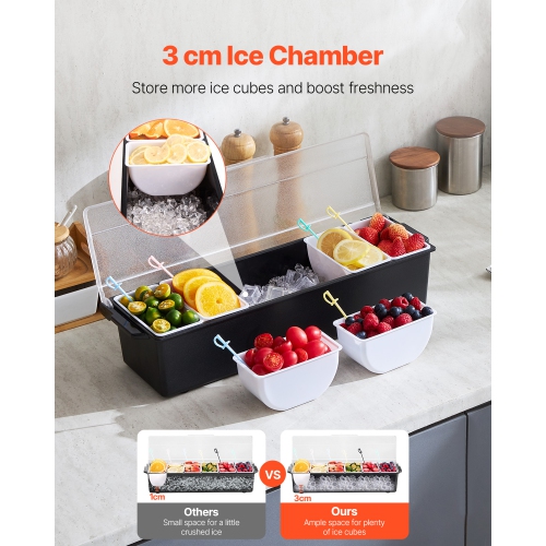VEVOR Chilled Condiment Server, 6 Compartment Ice Cooled Condiment Serving Container, Chilled Garnish Tray Bar Caddy with Lid, for Bartending &