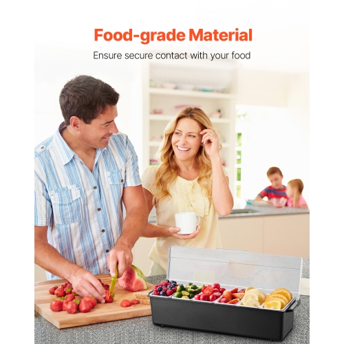 VEVOR Chilled Condiment Server, 6 Compartment Ice Cooled Condiment Serving Container, Chilled Garnish Tray Bar Caddy with Lid, for Bartending &