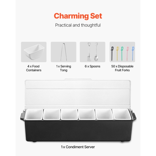 VEVOR Chilled Condiment Server, 6 Compartment Ice Cooled Condiment Serving Container, Chilled Garnish Tray Bar Caddy with Lid, for Bartending &