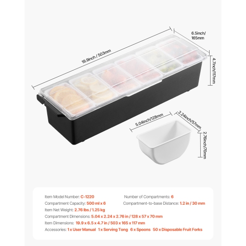 VEVOR Chilled Condiment Server, 6 Compartment Ice Cooled Condiment Serving Container, Chilled Garnish Tray Bar Caddy with Lid, for Bartending &