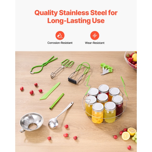 VEVOR Canning Supplies Starter Kit, 9 Pieces Stainless Steel Water Bath Canning Kit, Canning Tools Set: Rack, Ladle, Measuring Spoon, Funnel, Tongs,