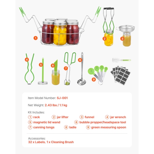 VEVOR Canning Supplies Starter Kit, 9 Pieces Stainless Steel Water Bath Canning Kit, Canning Tools Set: Rack, Ladle, Measuring Spoon, Funnel, Tongs,