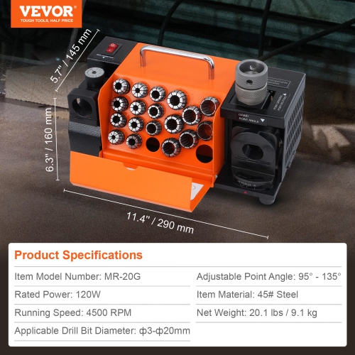 VEVOR 3-20mm Drill Bits Sharpener, End Mill Grinder Sharpener, Lip Relief Angle & 95°-135° Point Angle Adjustable Drill Bit Re-Sharpener, Machine