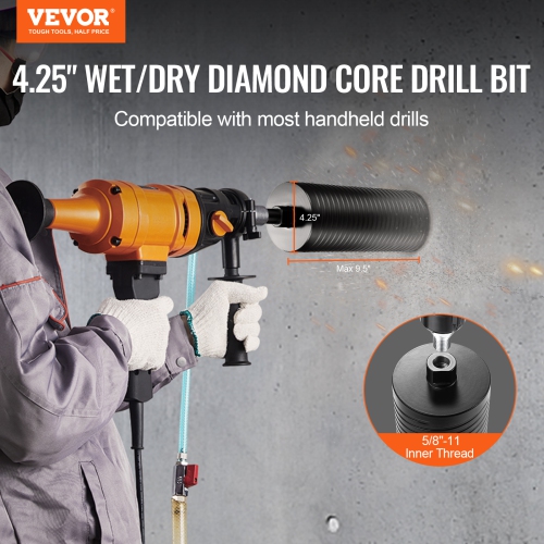 VEVOR 4.25" Core Drill Bit,Wet/Dry Diamond Core Drill Bits for Brick and Block,Concrete Core Drill Bit with Pilot Bit Adapter and Saw Blade,9.5"