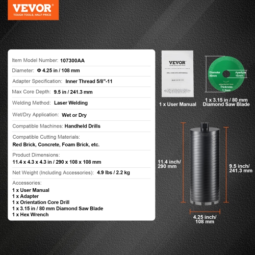 VEVOR 4.25" Core Drill Bit,Wet/Dry Diamond Core Drill Bits for Brick and Block,Concrete Core Drill Bit with Pilot Bit Adapter and Saw Blade,9.5"
