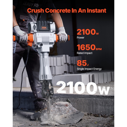 VEVOR 2100W Demolition Jack Hammer, Electric Jackhammer Heavy Duty, 1650 BPM Industrial-Grade Jack Hammer Concrete Breaker, with 1 Point Chisel, 1