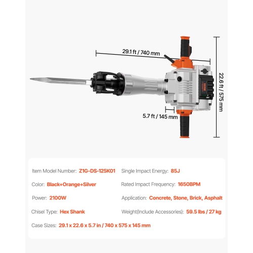 VEVOR 2100W Demolition Jack Hammer, Electric Jackhammer Heavy Duty, 1650 BPM Industrial-Grade Jack Hammer Concrete Breaker, with 1 Point Chisel, 1