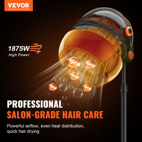 VEVOR 1875W Ionic Hooded Dryer,Professional Bonnet Hair Dryer,Sit Under Hair Dryer with Timer, 3 Temp Settings & Wind Speed,Floor Standing Rolling