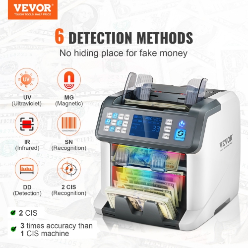 VEVOR Money Counter Machine, Bill Counter with Mixed Denomination, 2CIS, SN, UV, IR, MG, DD Counterfeit Detection, Multi Currency, Value Counting