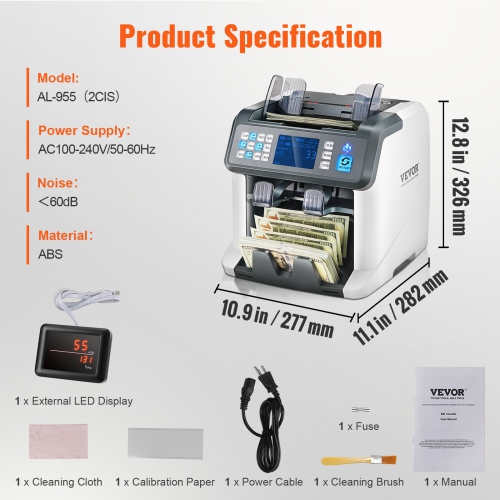 VEVOR Money Counter Machine, Bill Counter with Mixed Denomination, 2CIS, SN, UV, IR, MG, DD Counterfeit Detection, Multi Currency, Value Counting