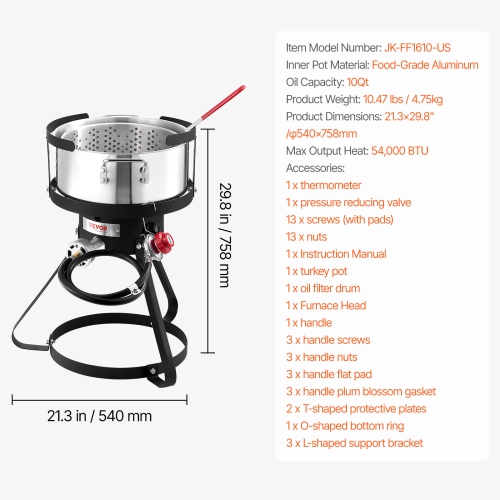 VEVOR 10 Qt Fish and Wing Fryer, Aluminum Propane Fish Fryer Kit, Outdoor Deep Fryer Seafood Pot with Thermometer, Strainer Basket, and 54,000 BTUs
