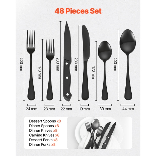 VEVOR 48-Piece Black Silverware Set with Steak Knives,Food-Grade Stainless Steel Flatware Utensils for 8,Mirror Finished Cutlery Set, Dishwasher Safe