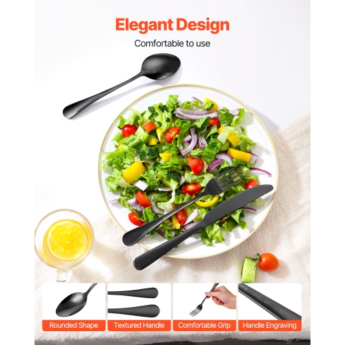 VEVOR 48-Piece Black Silverware Set with Steak Knives,Food-Grade Stainless Steel Flatware Utensils for 8,Mirror Finished Cutlery Set, Dishwasher Safe