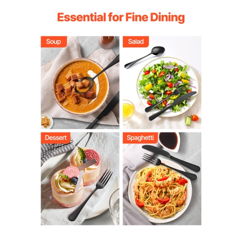 VEVOR 48-Piece Black Silverware Set with Steak Knives,Food-Grade Stainless Steel Flatware Utensils for 8,Mirror Finished Cutlery Set, Dishwasher Safe