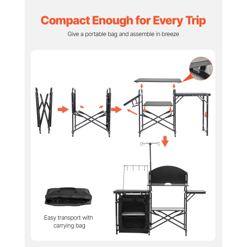 VEVOR Camping Kitchen Table, Outdoor Camp Cooking Table, Aluminum Portable Cook Station with Storage Cupboard, Carrying Bag, Detachable